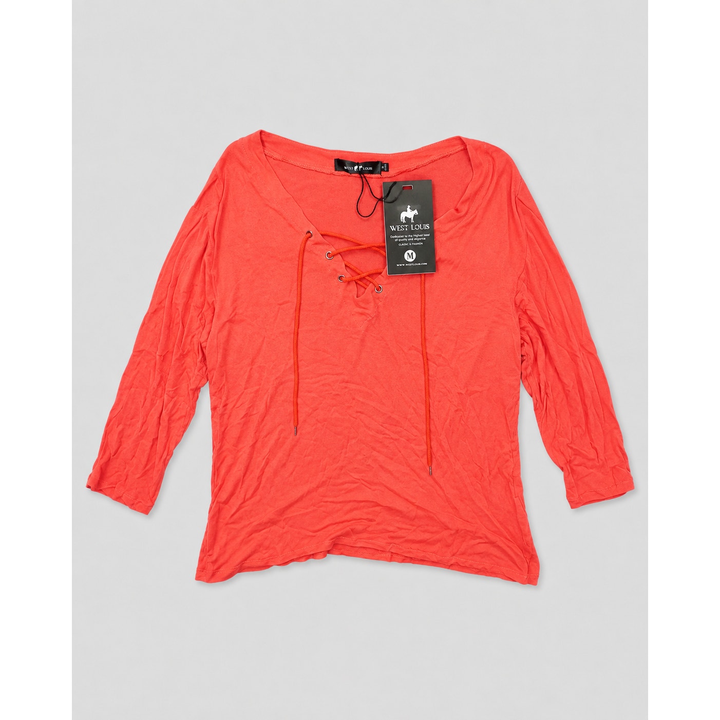 West Louis Nwt Lace-Up Stretch Crepe Top Medium Coral 23" Ptp 3/4 Sleeve — image 3 of 4